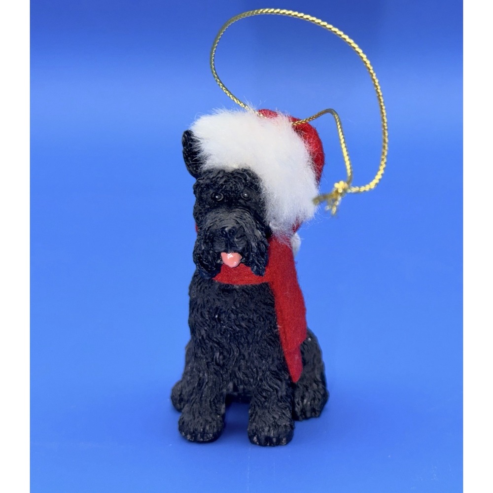 Miniature Schnauzer Dog Christmas Ornament Santa Hat Scarf Black Resin 3"
